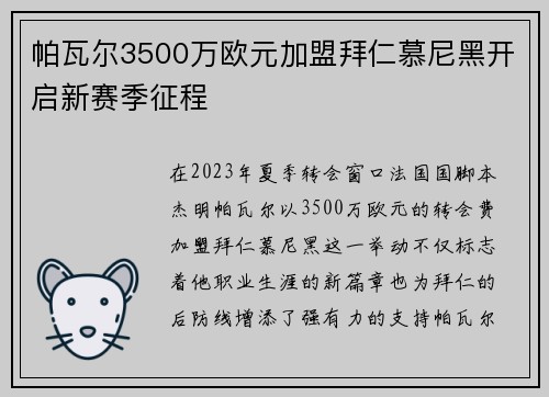 帕瓦尔3500万欧元加盟拜仁慕尼黑开启新赛季征程
